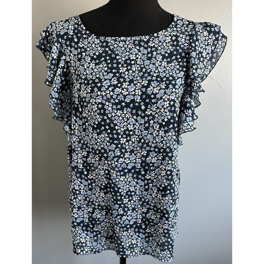 H&M Blue Floral RUFFLE sleeveless Blouse WOMEN’S SIZE 8 Shirt Top Tunic